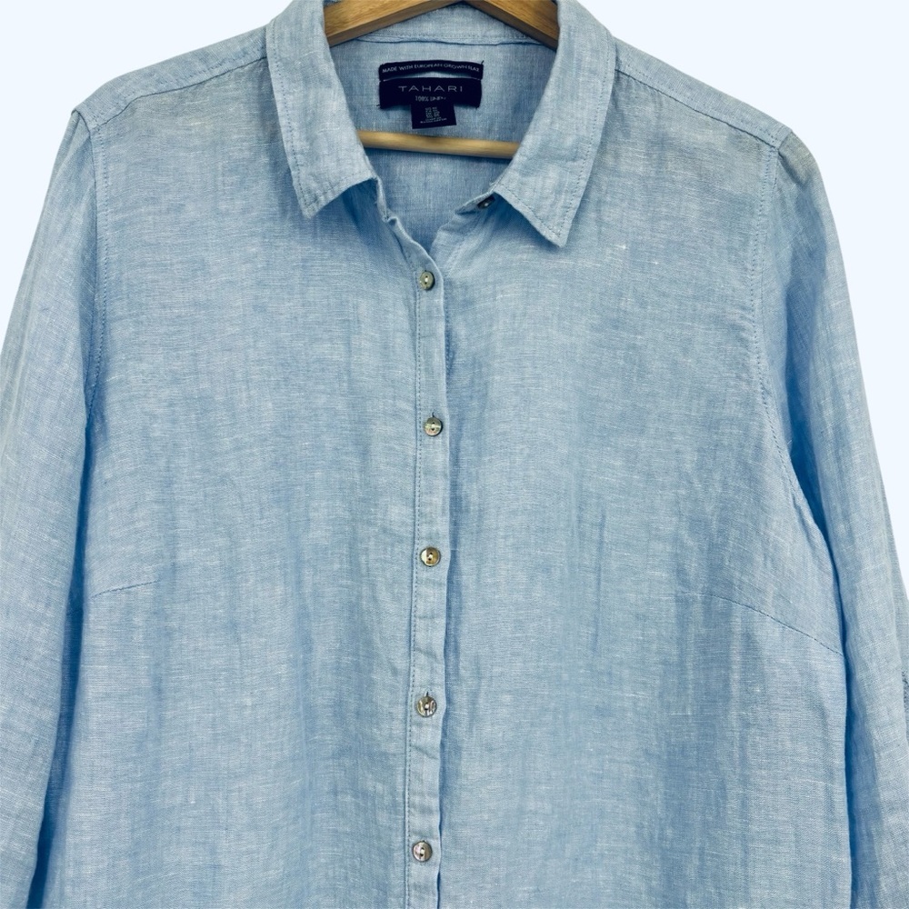 TAHARI 100% Linen tunic Lagenlook lightweight tunic 1X roll up sleeve blouse top - Picture 3 of 10
